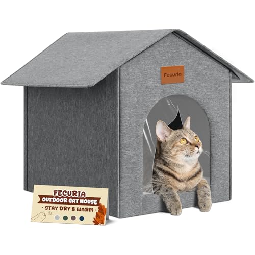 Fecuria Outdoor Cat House Weatherproof, Insulated Cat Houses for Outdoor/Indoor Cats for Winter, Waterproof Feral Stray Cat Shelter with Door Curtain and Warm Cushion, Easy to Assemble, Grey
