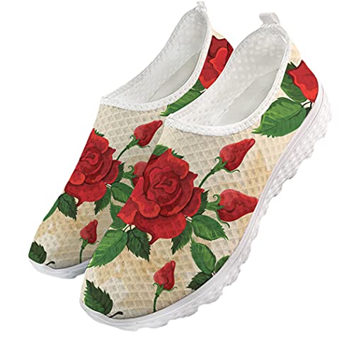 Yiqinyuan Red Rose Pattern 3D Women Flats Soft Comfortable Summer Sneakers for Office Ladies Girl Slip-On Walking Loafers Shoes HMFC133AA 39
