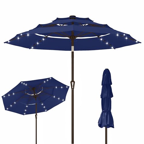 Kingdura 9ft 3-Tier Patio Umbrella with Solar Lights, Table Umbrella Outdoor Patio with Easy Crank & Tilt, 8 Sturdy Ribs, UV Protection, 32 LED Lights for Deck, Poolside, Market (Navy blue)