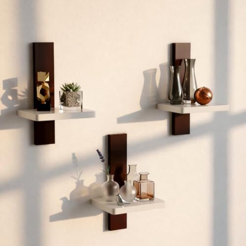 Image of Set of 3 Wall Mounted Floating Shelves | White Wooden Display Shelf with Brown Vertical Back Panel | Modern Minimalist Wall Decor for Living Room, Bedroom & Office | Engineered Wood