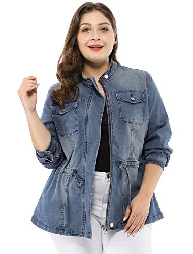 Agnes Orinda Women's Plus Size Stand Collar Zip Closure Drawstring Denim Jackets Christmas 2X Blue Agnes Orinda Women's Plus Size Stand Collar Zip Closure Drawstring Denim Jackets Christmas 2X Blue