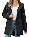 CMTOP Jacke Damen Lang Wasserdicht Winddicht Parka Reißverschlusstasche Übergangsjacke Abnehmbare Kapuze Softshelljacke Windbreaker Leicht Regenjacke für Frühling Sommer Herbst(Schwarz,L)