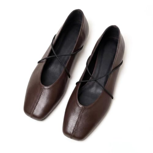 PTUPLYU Womens Ballet Flats Brown Square Toe Flats with Criss Cross Strap Comfortable Dress Shoes for Office Work Casual Brown Size 8