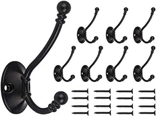Beilala Large Coat Hooks for Door - 8 Pack Antique Heavy Duty Double Prong Bedroom Bathroom Hook Wall Mounted for Clothes, Robe, Towel, Hat, Bag, Key (Black)