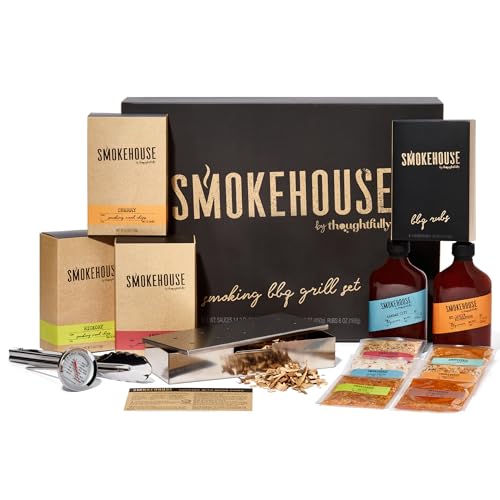 Product Image of the Smokehouse by Thoughtfully, Smoking BBQ Grill Set, Includes 3 Types of Wood Chips, Smoker Box, 2 Sauces and 6 Rubs, Thermometer, Tongs and Grill Guide