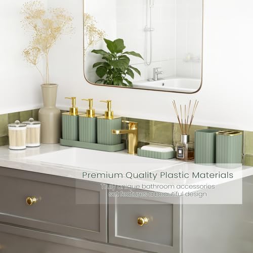 InnJoey Bathroom Set - Bathroom Accessory Set, Sage Green Bathroom Set, 26PC Bathroom Sets with Shower Curtain and Rugs, Toilet Brush, Trash Can, Qtip Holder & Bathroom Soap Dispenser Set