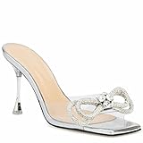 LauraVicci Women's Heeled Bow Mules Clear Sandals Square Open Toe Rhinestone Embellished Crystal Bowknot Transparent PVC Crystal Stiletto Slip On Evening Dress Party Wedding Shoes Size 9.5 Silver