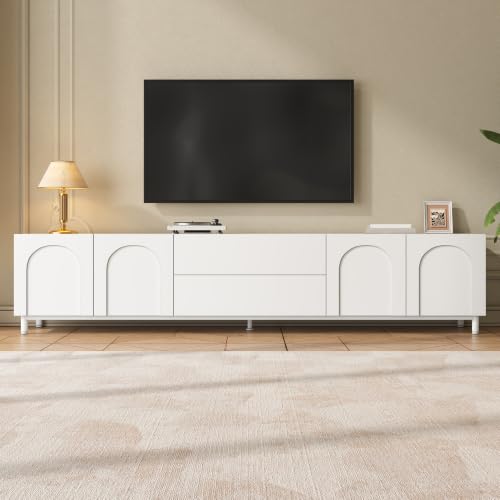 NADEUSAK Mueble de TV con 4 puertas arqueadas, dos cajones, cuerpo de madera aglomerada + tablero de fibra de densidad media, patas de tubo de acero, color blanco
