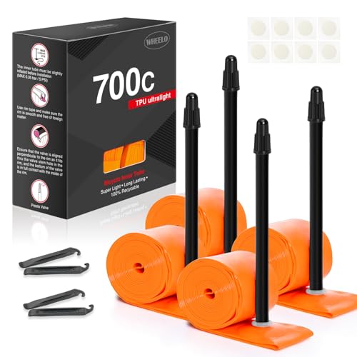 4-Pack WHEELO TPU 700C18-32C Bike Inner Tube Ultralight (ALLRoad & Gravel) Bike Tube with 85mm Presta Valves for Road Bike (Include Bike Tube Patch Repair Kit) Orange