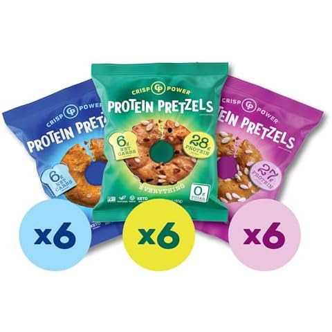 Crisp Power High Protein Pretzel Crisps - 18 pack, (6 Everything, 6 Sea Salt and 6 Sesame) Plant-Based Snack. No Sugar, 28g Protein Per Pack, Vegan, Keto Friendly, Non-GMO, Kosher Non-Dairy Cover