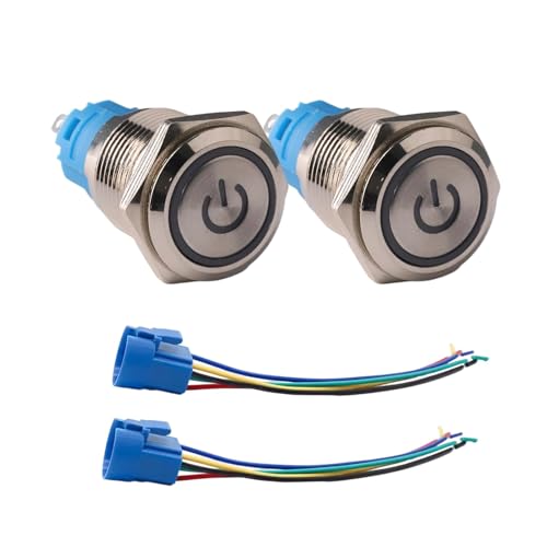 2 Pièces 220V 3A Interrupteur à Bouton Poussoir, 16 mm Bouton Poussoir Lumineux, Étanche avec LED Bleu Intégrée, Contact NO NC, IP65, avec Douille de...