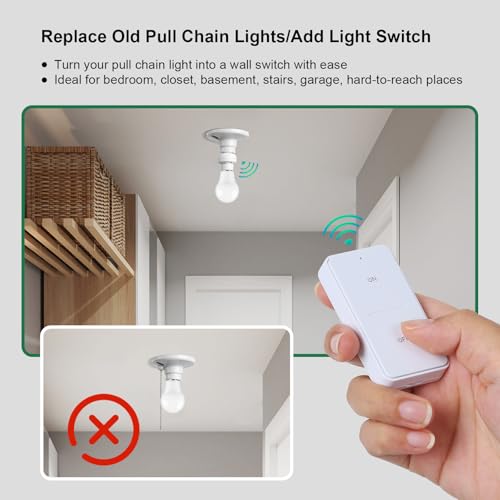 TREEWELL Remote Control Light Socket, 200FT Range Wireless Light Switch, Remote Light Socket for Pull Chain Light Fixture, E26 E27 Bulb Base, No Wiring Needed (2 Wall Mounted Switches and 1 Socket)
