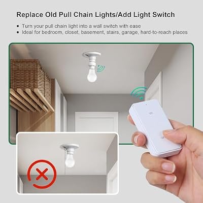 Remote Control Light Bulb Socket, 200FT Range Remote Light Socket, Wireless Wall Mounted Light Switch for Pull Chain Light Fixture, E26 E27 Lamp Socket, No Wiring Needed, FCC Listed