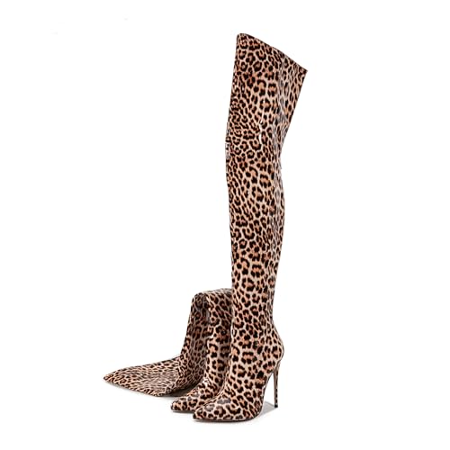 Image of Thigh high boots for women striped Back zipper Burgundy Zebra Print Over the knee Sexy gold white pointed toe Cow Print leopard Magenta stiletto heel