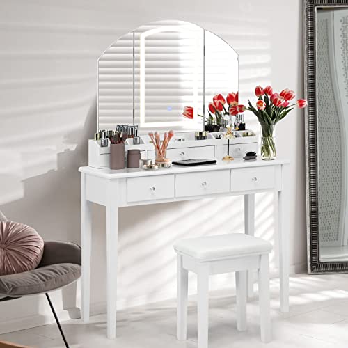 Charmaid Large Vanity Set With Tri-Folding Lighted Mirror, 3 Color Lighting Modes, 6 Drawers, 12 Storage Compartments, Bedroom Makeup Dressing Table With Cushioned Stool For Women Girls, White #TOP1