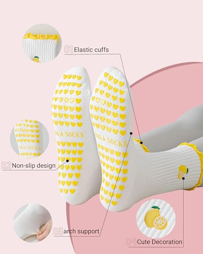 Image of 3 Pairs Pilates Socks with Grips for Women Non Slip Grip Ruffle Yoga Ankle Grippy Socks