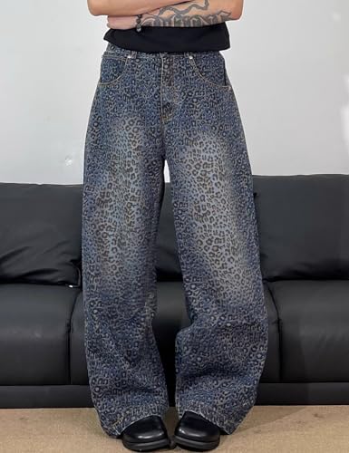 Men Baggy Leopard Print Jeans Y2K Wide Leg Boyfriend Denim Pants Straight Leg Pull On Jeans for Women4
