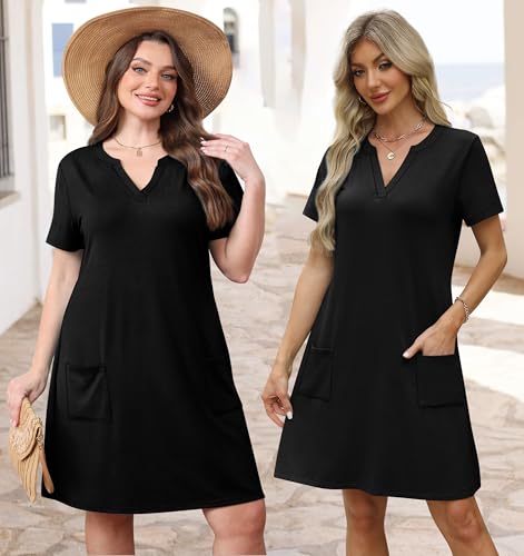 Image of WIHOLL Summer Dresses for Women Casual V Neck Wedding Guest Dress Hawaiian Midi Dress Fashion Beach Vacation Clothes