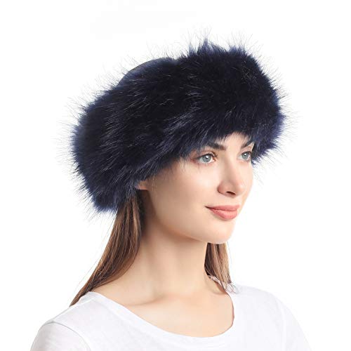 soul young Women's Faux Fur Headband with Stretch Winter Earwarmer Earmuff (Navy)