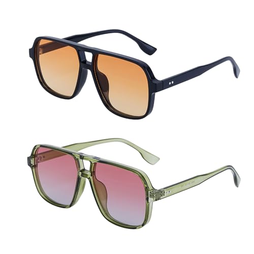 TUONYIS Embalagem de 2 lentes de sol quadradas retro para mulheres e homens, lentes de sol retangulares de ponte dupla, lentes de sol de piloto de grande tamanho dos anos 80, lentes coloridas, Preto