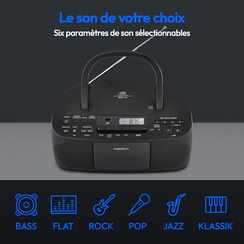 MEDION E65010 Radio stéréo (Lecteur CD, Cassette, Port USB, entrée Audio AUX, Lecture MP3. Radio FM PLL,40 mémoires de Stations, Fonctionnement sur Piles, télécommande) Noir