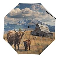 Highland Cattle Highland Cow Print Travel Umbrella Windproof Folding Umbrella for Rain Auto Open Close Automatic