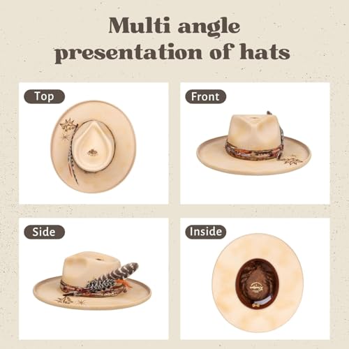 Image of RUEDIGER Vintage Pencil Brim Fedora Hats 100% Wool Felt Hat Panama Rancher Hat with Lightning Logo Handmade Distressed /Burned