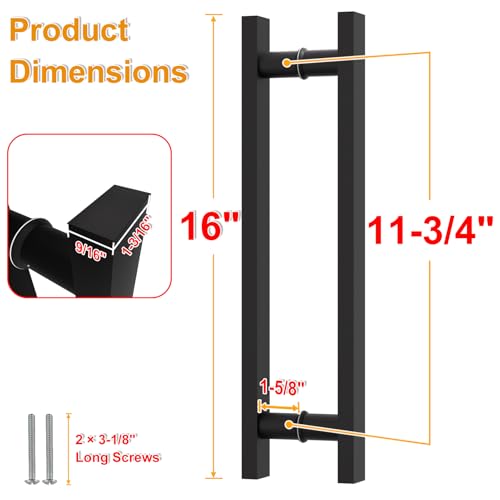 Image of 16 inch Matte Black Square Barn Door Pull Handle Double Sided | Heavy Duty 304 Stainless Steel, 11-6 /8 inch Hole Spacing, Fits 3 /4 inch-2 inch Thick Barn, Front Entry, Sliding & Exterior Doors