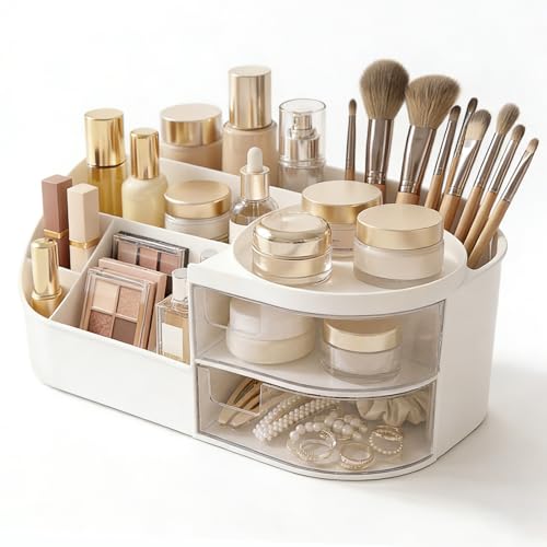 Kosmetik Organizer mit Schubladen Make Up Organizer für Schminktisch Kosmetik Aufbewahrung mit 9 Fächern & 2 Transparenten Schubladen Schminktisch Organizer für Bad Schlafzimmer Weiß