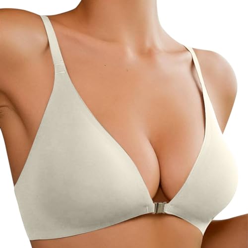 Brasier de maternidad con cierre frontal para mujer, sin aros, escote profundo, cuello en V profundo, bralette acolchado, sin costuras, sujetador cómodo con sujeción camiseta, beige, S