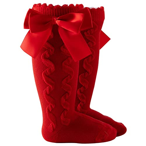 CheeseandU 1 Pair Baby Girl Christmas Red Bow Socks, Cotton Sweet Cute Princess Uniform Knee High Socks Tube Ruffled Stockings for 18-36Months Red