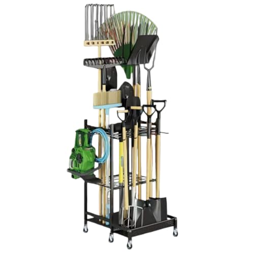ShineLuxeガーデンツール収納ラック、吊り下げ式、キャスター付き、黒、耐腐食性、取り外し可能、大容量、滑り止め、耐摩耗性、耐久性、ほうき/鍬に適しています (車輪なし)