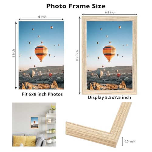 Image of JCJMY 6x8 Picture Frame for Wall Hanging or Tabletop, Wall Mounting Horizontally or Vertically, 6 x 8 Wall Gallery Poster Photo Frame with Shatter Resistant Plexiglass, Natural