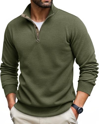 Runcati Mens Quarter Zip Pullover Sweater Lightweight Mock Neck Slim Fit Pullover Knit Casual Polo Sweaters Army Green