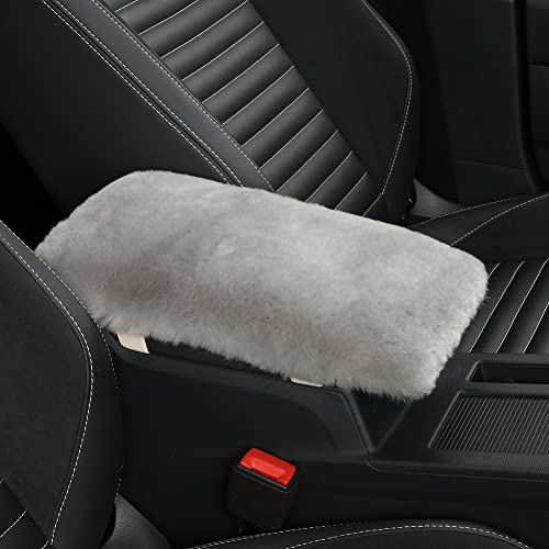 Image of IRIWOOL Sheepskin Armrest Cover Auto Center Armrest Cover Car Soft Console Pad, Fluffy Wool Auto Center Console Cover for Most Car Arm Rest Decoration Protector 7 x 13 Inch (Shearling, Light Gray)