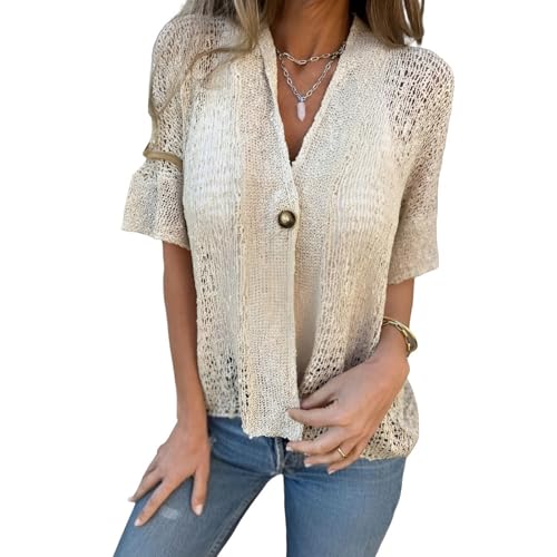 Women's Summer Crochet Cardigan Hollow V-Neck Loose Fit Open Front Short Sleeve Lightweight Single Button Sweater