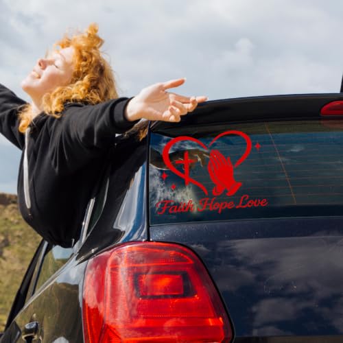 Image of Large Christian Car Decals, Faith Hope Love Praying Hands Stickers - 11 inch x 10 inch Waterproof Vinyl Sticker for Car, Truck, Window, Bumper, Laptop, Wall (Praying Hands-Red)