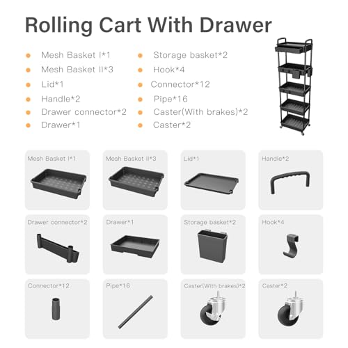 Image of 5 Tier Rolling Utility Cart with Drawer,REBECAT Utility Cart Made of Multifunctional Storage Organizer Tool for Kitchen,Bathroom,Living Room,Office(Black)