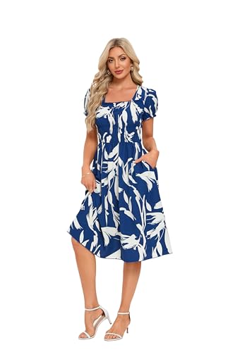 Image of Women's 2026 Summer Boho Floral Midi Dress Casual Square Neck Puff Sleeve A Line Dresses with Pockets