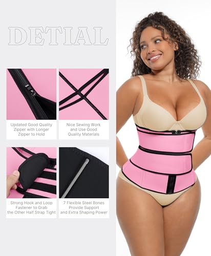 Image of FeelinGirl Waist Trainer for Women Belly Fat Long Torso Sauna Workout 2 Belt With Zipper 7 Steel Bones Corset