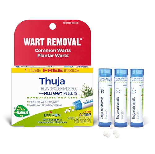 Image of Boiron Thuja Occidentalis 30C Wart Removal Homeopathic Medicine for Painless Removal of Warts from Plantar (Feet), Hands, and Other Bodily Warts - 3 Count (240 Pellets)