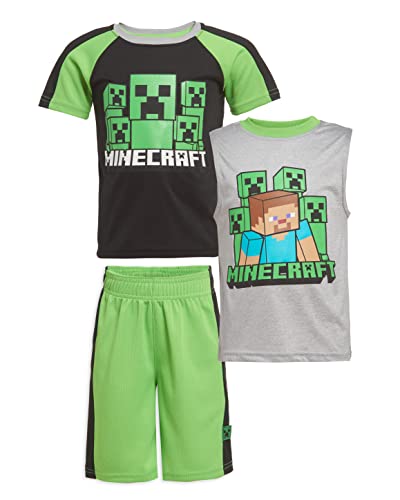Minecraft Boys Creepers 3 Piece T-Shirt Tank Top Short Set (Black, 5-6) #TOP1