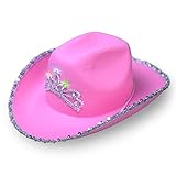 SoJourner Bags Light Up Pink Cowboy Hat with Crown - Cute Sequined Preppy Princess Tiara for Halloween Costumes and Parties - Flashing Lights