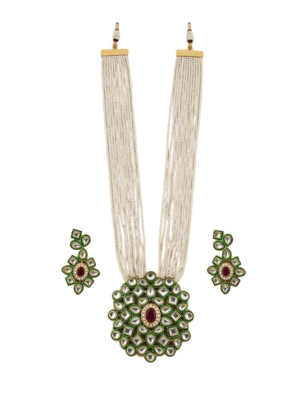 Long Kundan Pearl Mala Necklace Set with Matching Earrings for Women Ethnic Green Meenakari Rani Haar with Ruby Centerstone
