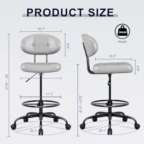 Image of Misolant Drafting Chair, Armless Tall Office Chair with Footrest Ring for Standing Desk, Small Faux Leather Executive Computer Chair with Adjustable Height for Bar Lab Counter Height Desk, Gray