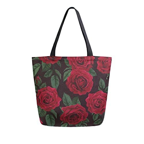 ALAZA Red Rose Flower Floral Canvas Tote Bag Large Women Casual Shoulder Bag Handbag,Shopping Grocery Cotton Bag Reusable,Multipurpose,Heavy Duty For Outdoors Weekender Travel