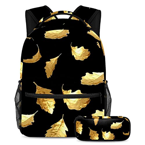 Sac à dos feuilles dorées cartables filles garçons ados et trousse