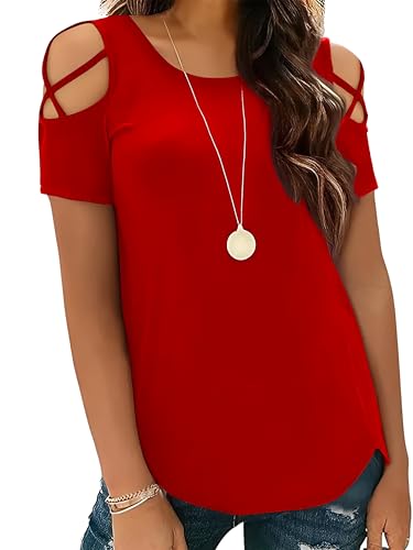 Image of Jar of Love Women's Summer Tops Short Sleeve Cold Shoulder Tops T-Shirts for Women Spring Summer Tops Loose Fit Tunic 2026