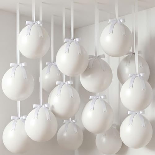 Shappy 24 Sets White 18 Inch Big Latex Balloons Bulk Round Large Party Balloons with Pre Tied Bows Satin Ribbon for Ceiling Hanging Birthday Wedding Holiday Party Decoration
