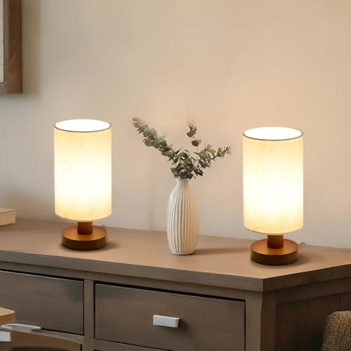 Image of Bedside Lamps Set of 2, Bamboo Small Table Lamp for Nightstand | 10'' Minimalist Nightstand Lamps for Bedroom, Modern Desk Lamp for Living Room, E26, Walunt, Linen Shade